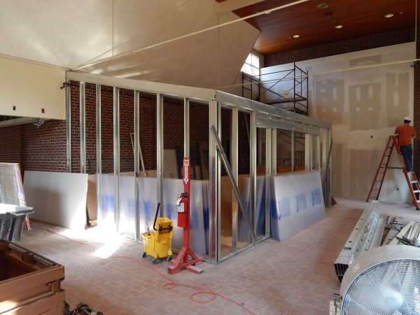 This meeting area will be walled in with a translucent material to take advantage of abundant natural light in the new OIE space. (Doug Hubley/Bates College)