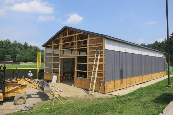 The new batting facility under construction on July 23, 2014. (Doug Hubley/Bates College)  