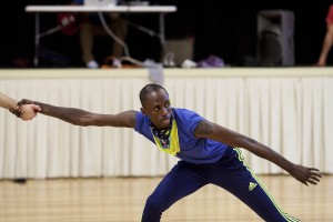 Raja Kelly of David Dorfman Dance at work during the dance festival at New Beginnings in Lewiston. (Sarah Crosby/Bates College)