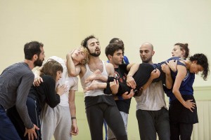 Dancers from Turkey and Armenia join members of David Dorfman Dance during creation of a new work. (Sarah Crosby/Bates College)