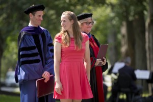 From left, Dean of the Faculty Matt Auer, Student Government President Alyssa Morgosh '15 and college President Clayton Spencer prepare to speak at Bates' 2014 Convocation. (Phyllis Graber Jensen/Bates College)