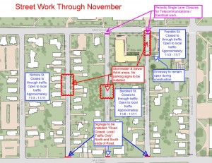 Street closure sites are indicated in red. Click on the image to see a larger map.