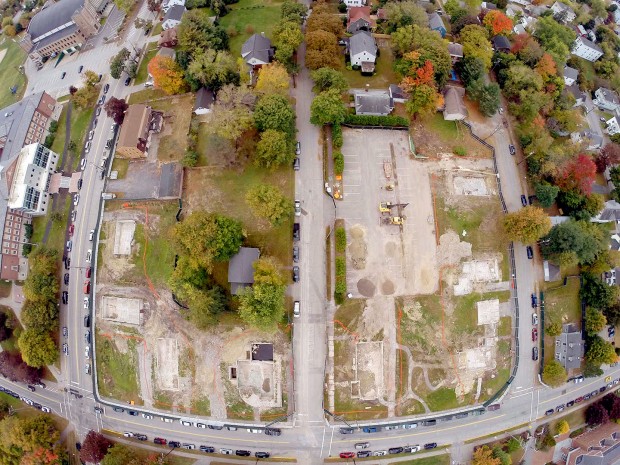 The Campus Life Project construction photographed from a multicopter on Oct. 11, 2014, during Parents & Family Weekend. Campus Avenue runs across the base of the image, and Franklin Street goes up the middle. (H. Lincoln Benedict '09 for Bates College)