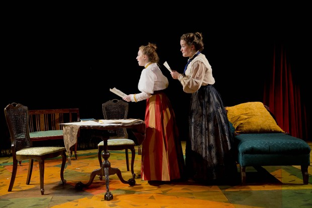 From left, Colette Girardin '16 of East Moriches, N.Y., plays Elizabeth Robins and Hanna Allerton '15 of New York City portrays Marion Lea in the Bates production of "The Summer in Gossensass." The performance is part of a senior thesis project for Allerton. (Phyllis Graber Jensen/Bates College)