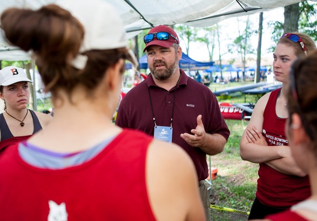 "It is hard to fully express what this does for our rowing teams,” says head coach Peter Steenstra, seen here with Bates rowers at the NCAA Rowing Championships on May 30, 2014. (Sarah Crosby/Bates College)