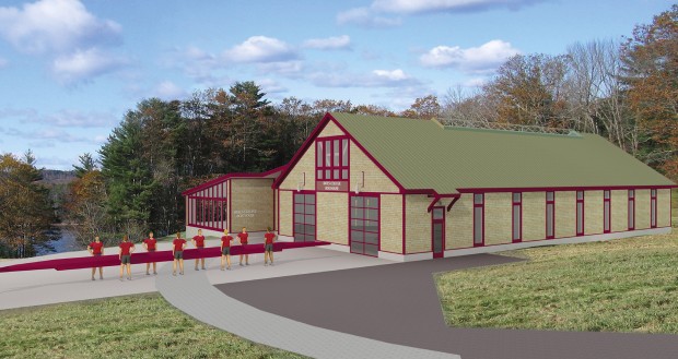 Subject to revision, this preliminary conceptual study shows the new Bates College boathouse to be built at the team’s practice facility on the Androscoggin River in Greene. (Courtesy of Peterson Architects)