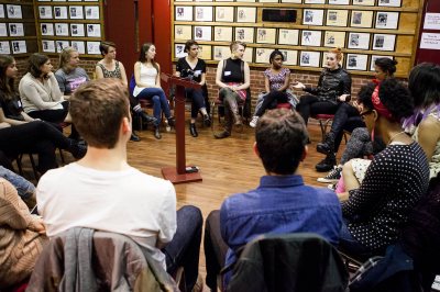 Bates women with campus leadership roles, and their guests, met with the Swedish DJ duo Icona Pop on Nov. 1. (Sarah Crosby/Bates College)