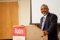 Mays Professor Marcus Bruce gives his lecture “The Ambassadors: W.E.B. Du Bois, The Paris Exposition of 1900 and African American Culture.”  (Sarah Crosby/Bates College)