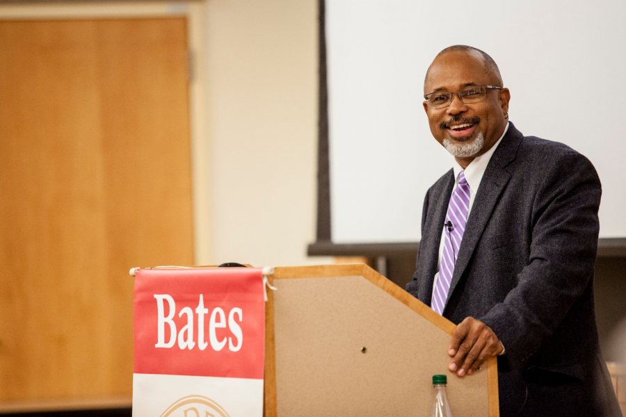 Mays Professor Marcus Bruce gives his lecture “The Ambassadors: W.E.B. Du Bois, The Paris Exposition of 1900 and African American Culture.” (Sarah Crosby/Bates College)