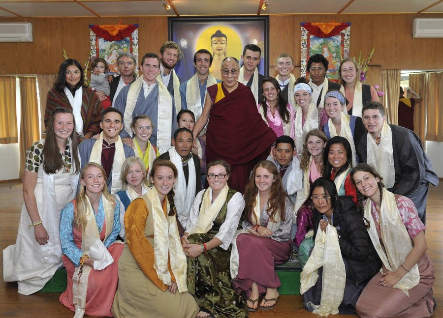 Four Bates juniors were among 20 students who had a private audience with the Dalai Lama: Ruth Baker '16 (middle row, left) of Minneapolis, Minn., Kristen Kelliher '16 (seated, center) of Norwich, Vt., Jacob Nemeroff '16 (middle row, next to Baker) of Doylestown, Pa., and Natalie Silver '16 (seated, left) of Bennington, Vt. (Photograph courtesy of SIT Study Abroad)