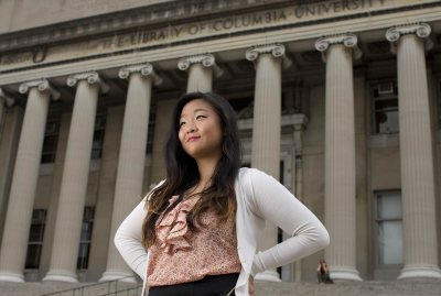 Eileen Lam '15 of New York City is shown at  Columbia University. A fellowship from the Creating Connections Consortium enabled Lam to spend summer 2014 experiencing graduate-level work at Columbia. (Phyllis Graber Jensen/Bates College)