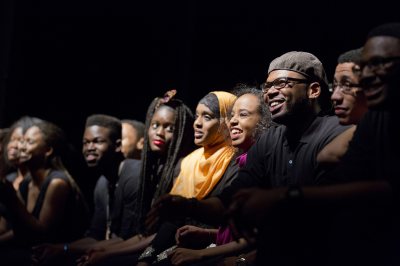 Bates student performers in the organization Sankofa answer questions from the audience following their performance during the evening of Martin Luther King Jr. Day 2014. (Phyllis Graber Jensen/Bates College)