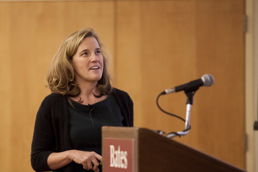 Rebecca Herzig delivers a talk celebrating her appointment as the Christian A. Johnson Professor of Interdisciplinary Studies at Bates on Dec. 2. (Sarah Crosby/Bates College)