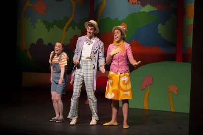 Colette Girardin '16, Rusty Epstein '13 and Nancy Weidner '13 perform "Seussical the Musical" in May 2013 during the Robinson Players' annual production for local schoolchildren. (Mike Bradley/Bates College)