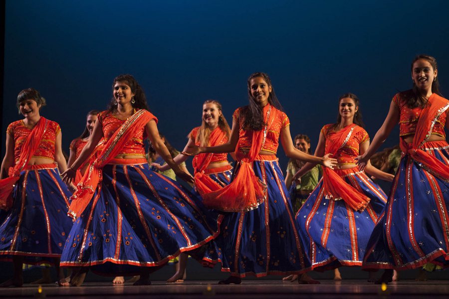 The Bollywood Team energizes the Schaeffer Theatre stage during Sangai Asia Night 2014. (Sarah Crosby/Bates College)