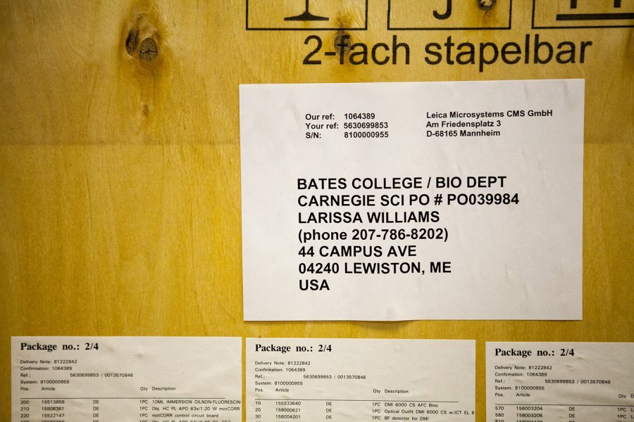 One of several crates in which the Leica SP8 arrived at Bates in November 2014. (Sarah Crosby/Bates College)