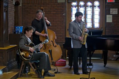 John Smedley, Tim Clough and Dale Chapman -- aka the Three Point Trio -- opened the King Day keynote event with jazz. (Phyllis Graber Jensen/Bates College) 