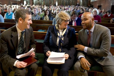 From left, Bates Dean of the Faculty Matt Auer, President Clayton Spencer and Martin Luther King Jr. Day keynote speaker Peniel Joseph have a word as the event begins. (Phyllis Graber Jensen/Bates College)