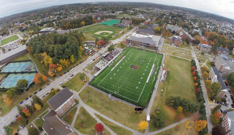 An aerial photograph of Garcelon Field taken during the Bates vs. Wesleyan football game on Oct. 11, 2014. (Lincoln Benedict '09)