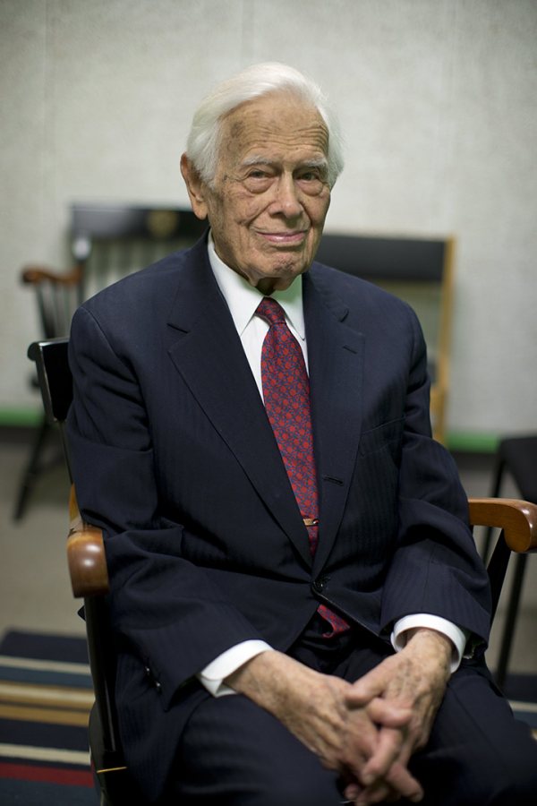 Frank Glazer sits for a portrait on Feb. 8 at Bates, prior to a piano performance in the Olin Arts Center Concert Hall celebrating his 99th birthday. (Phyllis Graber Jensen/Bates College)