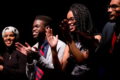 Members of Sankofa respond to audience questions following the student ensemble's 2015 performance. (Phyllis Graber Jensen/Bates College) 