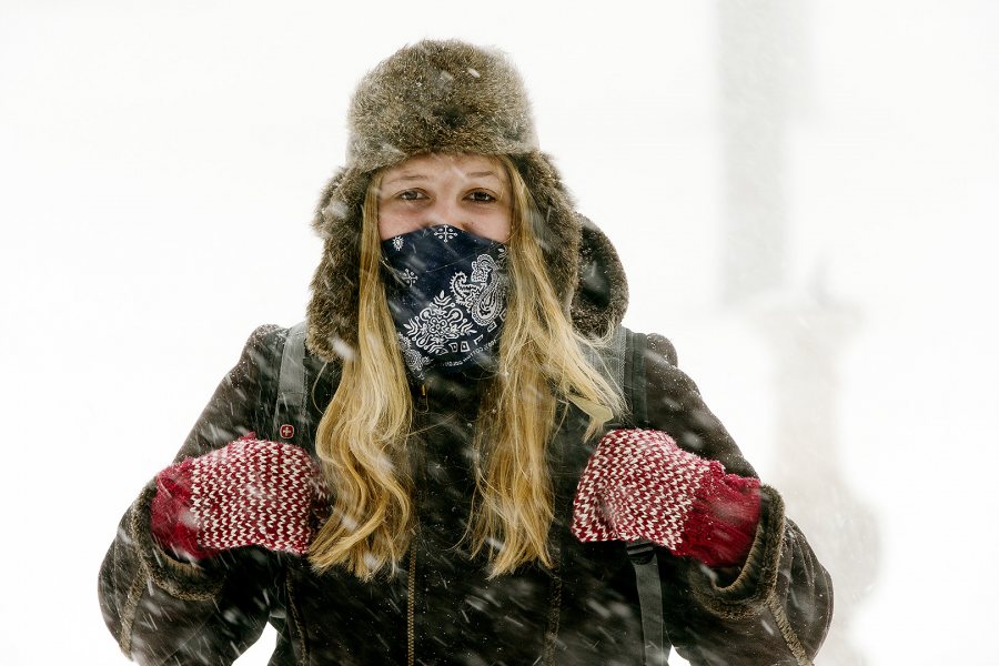 "I consider myself a fairly tough Mainer but even with bundling up this morning, it seems like I was no match for today's blizzard," says Sarah Stanley '16 of Springvale, Maine, an environmental studies major with a minor in geology.