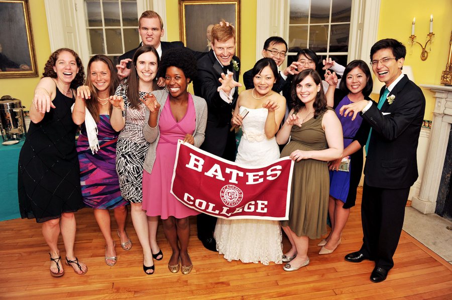 Bates friends of Akiko Doi '07 and Christopher Theile '07 adopt the Bobcat pose at their wedding in September 2013. Over time, the politics of marriage has influenced Bates' very well-being. 