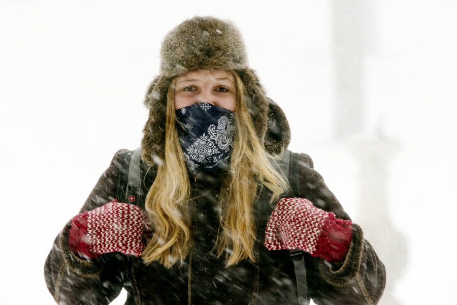 “I consider myself a fairly tough Mainer but even with bundling up this morning, it seems like I was no match for today’s blizzard,” says Sarah Stanley ’16 of Springvale, Maine. (Phyllis Graber Jensen/Bates College)