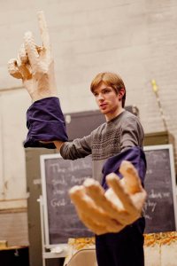James Erwin '18 portrays "Shift" in the Bates production of "The Castle of Perseverance." (Phyllis Graber Jensen/Bates College)