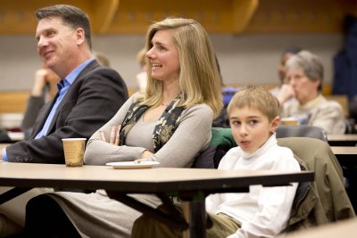 In the audience at Alex Dauge-Roth's Kroepsch Lecture were, from left, departmental colleague Kirk Read; Katherine Dauge-Roth, Alex's wife; and their son, Aymeric Dauge-Roth. (Phyllis Graber-Jensen/Bates College)