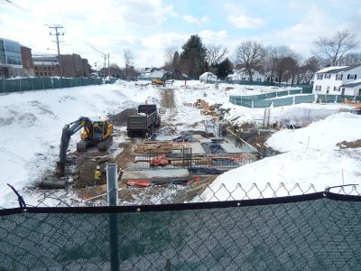 Foundation work in the basement of 65 Campus Ave., seen from the 8-foot level (the CCU ladder doesn't go up to 35,000 feet). (Doug Hubley/Bates College)