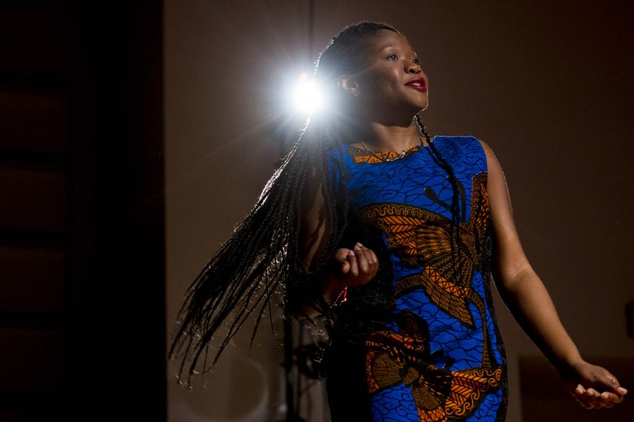 Bisola Folarin '14 of Grand Prairie, Texas, models for the Inside Africa Fashion Show Friday at Bates College on November 8, 2013. (Sarah Crosby/Bates College)