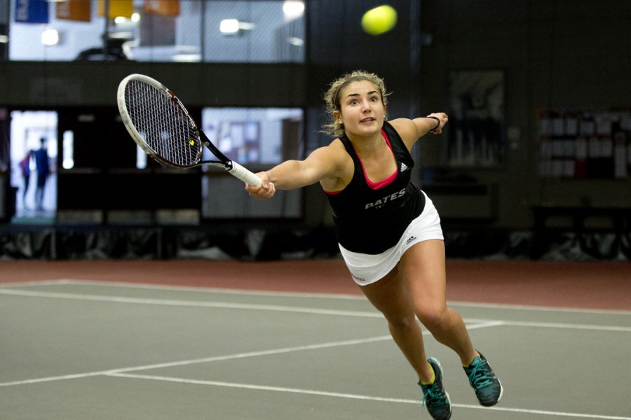 “We have a strong group of girls and very supportive coaches. It’s simply a great feeling to grind it out on the court," says economics major and varsity tennis player Libby Voccola ’17 of Falmouth, Maine. (Phyllis Graber Jensen/Bates College)