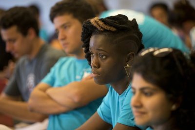 Students benefit from a college faculty that represents a broad diversity of experiences and perspectives. Here, Bates junior advisers and residence coordinators participate in a mediation training session in August 2014. (Phyllis Graber Jensen/Bates College)