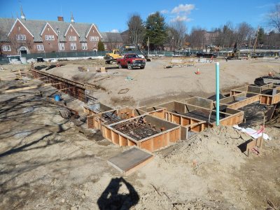 Excavations and forms for footings at 55 Campus Ave., seen on April 14, 2015. (Doug Hubley/Bates College)