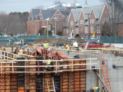 The growing foundation of the student residence at 65 Campus Ave., seen on March 26, 2015. (Doug Hubley/Bates College)