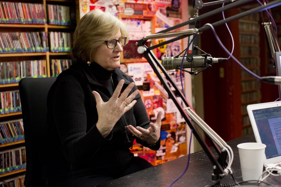 President Clayton Spencer discusses her vision for the Bates with WRBC program hosts Jordana Gluckow ’16, and Alfred Russo ’15. Photograph by Phyllis Graber Jensen/Bates College. President Clayton Spencer discusses her vision for Bates with WRBC. Photographs by Phyllis Graber Jensen/Bates College.