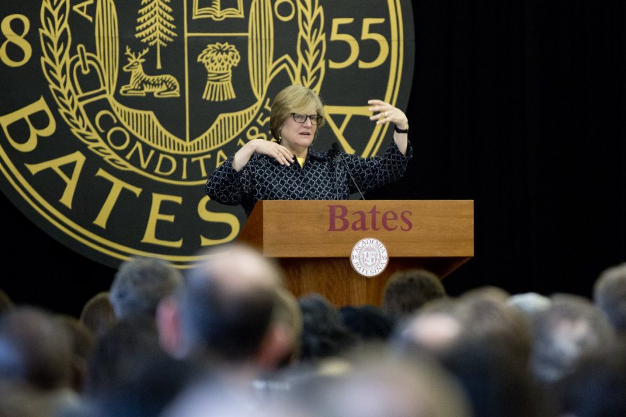 President Clayton Spencer welcomes admitted students and families to the Class of 2019 Admitted Student Reception on April 10. (Phyllis Graber Jensen)