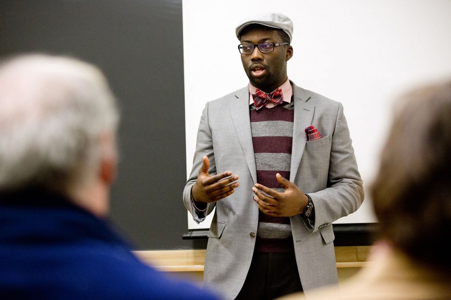 Daniel Oyolu '15 gives a presentation on legal traditions represented in the Gospel of Luke during the 2015 Mount David Summit, Bates College’s annual celebration of student academic achievement. (Phyllis Graber Jensen/Bates College)