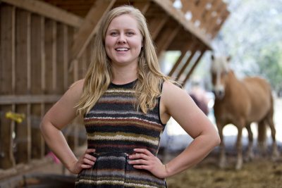 Watson Fellow Caroline Caldwell '15 at Nezinscot Farm in Turner, Maine. (Phyllis Graber Jensen/Bates College)