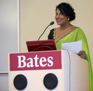 Sulo Dissanayake '09 gives the keynote address at the May 6, 2015, honors thesis dinner. (Phyllis Graber Jensen/Bates College)