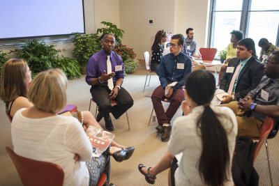 Stephen Gresham '03 (speaking) was one of seven alumni to offer wisdom from their own working lives during the May 2015 "Working Weekend" program. (Josh Kuckens/Bates College)