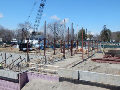 Uprights in place on the first day of placing steel at 65 Campus Ave., April 22, 2015. (Doug Hubley/Bates College)