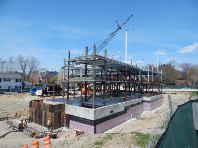 The state of the steel at 65 Campus Ave. on May 7, 2015, seen from Central Avenue and the official Campus Construction Update ladder. (Doug Hubley/Bates College)