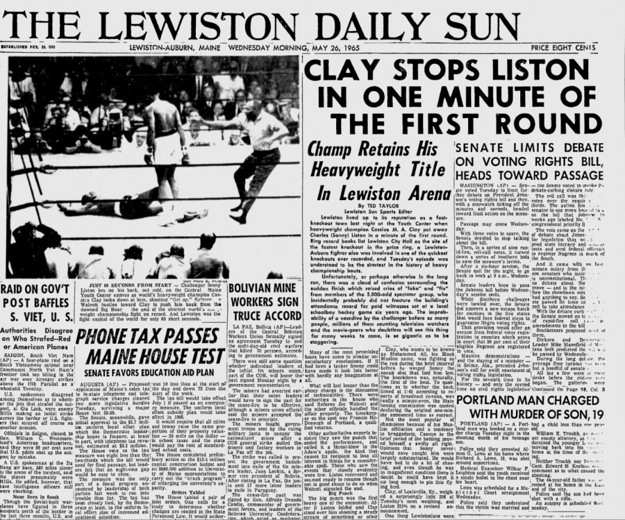 The front page of the Lewiston Daily Sun (now the Sun Journal) on May 26, 1965. The fight story refers to Ali as "Cassius M.A. Clay," the media not quite agreeing to Ali's name change.