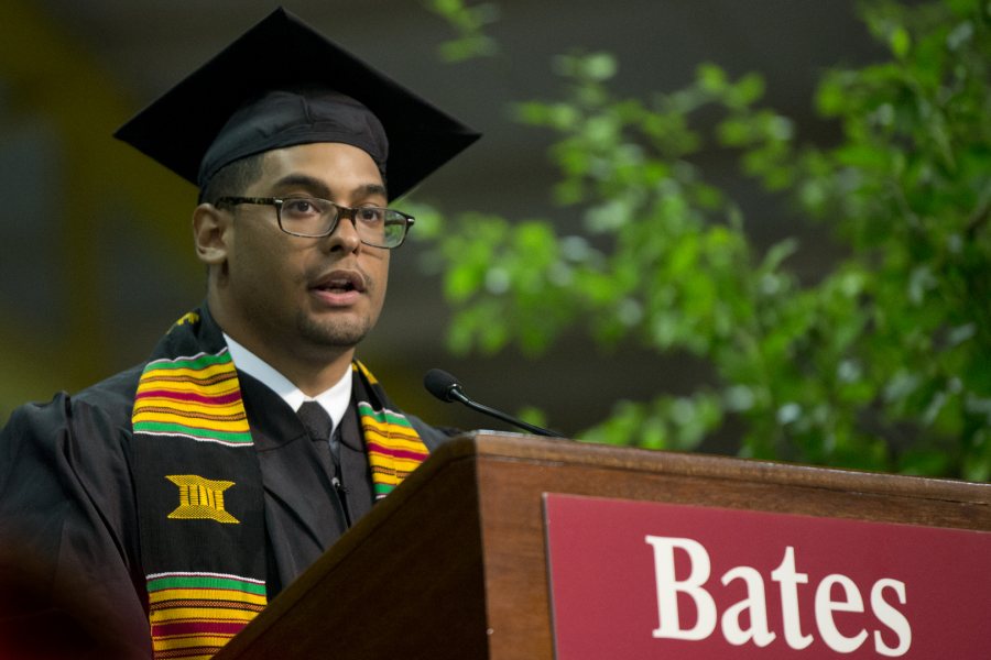 Alex Bolden '15 of Cleveland offered the Senior Address at Commencement 2015 -- and had good news to share about a proposal. (Phyllis Graber Jensen/Bates College)