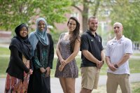 Bates College seniors, left to right, Naima Qambi, Asha Mahamud, Allaina Murphy, Mekae Hyde and Alex Parker are graduating from Bates College on May 31. 

