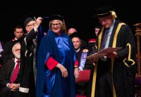 Clayton Spencer receives an honorary degree from Bishop's University in Quebec on June 6. (Photo courtesy of Bishop's University)