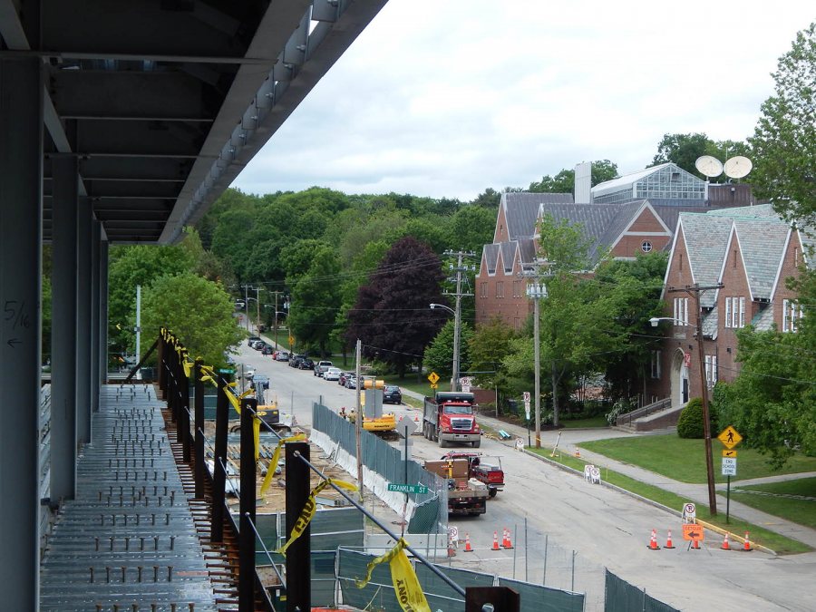 Chase Hall and Carnegie Science Hall, seen from the third floor of 65 Campus Ave. on June 3, 2015. (Doug Hubley/Bates College)