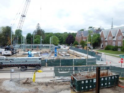 The 55 Campus Ave. construction site is shown from the second floor of No. 65 Campus on June 3, 2015. (Doug Hubley/Bates College)